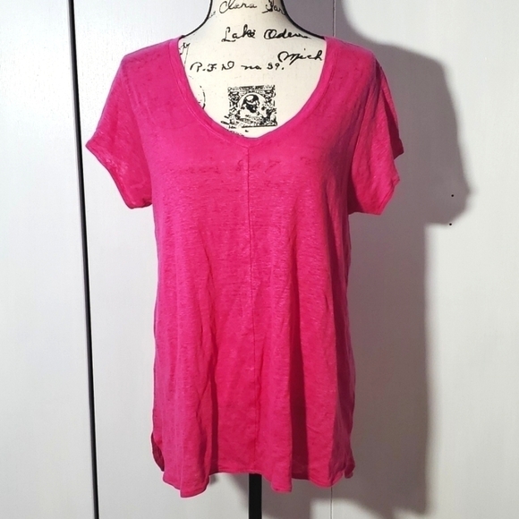 Tahari- Poppy Pink short sleeve linen top Sz.Large - Picture 1 of 3